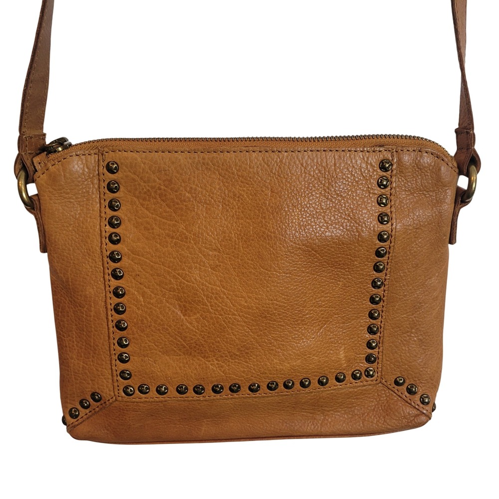 Vilenca Holland Cognac Brown Studded Leather Crossbody Bag Adjustable Strap
